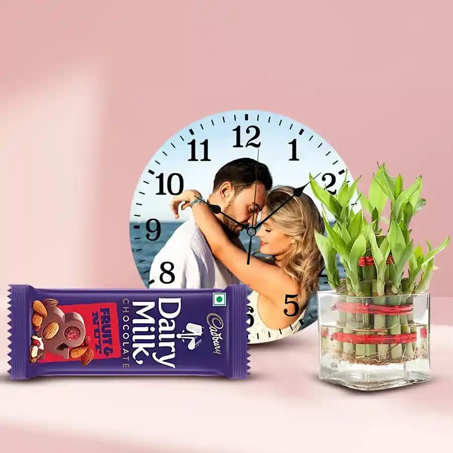 Beautiful Personalized Photo Wall Clock with Lucky Bamboo Plant n Chocolate