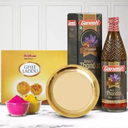 Delicious Haldirams Ghee Laddu Golden Plated Thali n Thandai for Holi 1