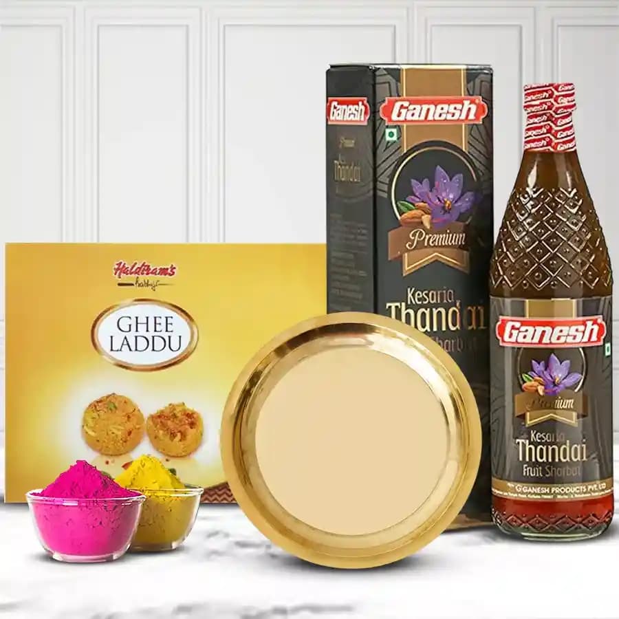 Delicious Haldirams Ghee Laddu Golden Plated Thali n Thandai for Holi