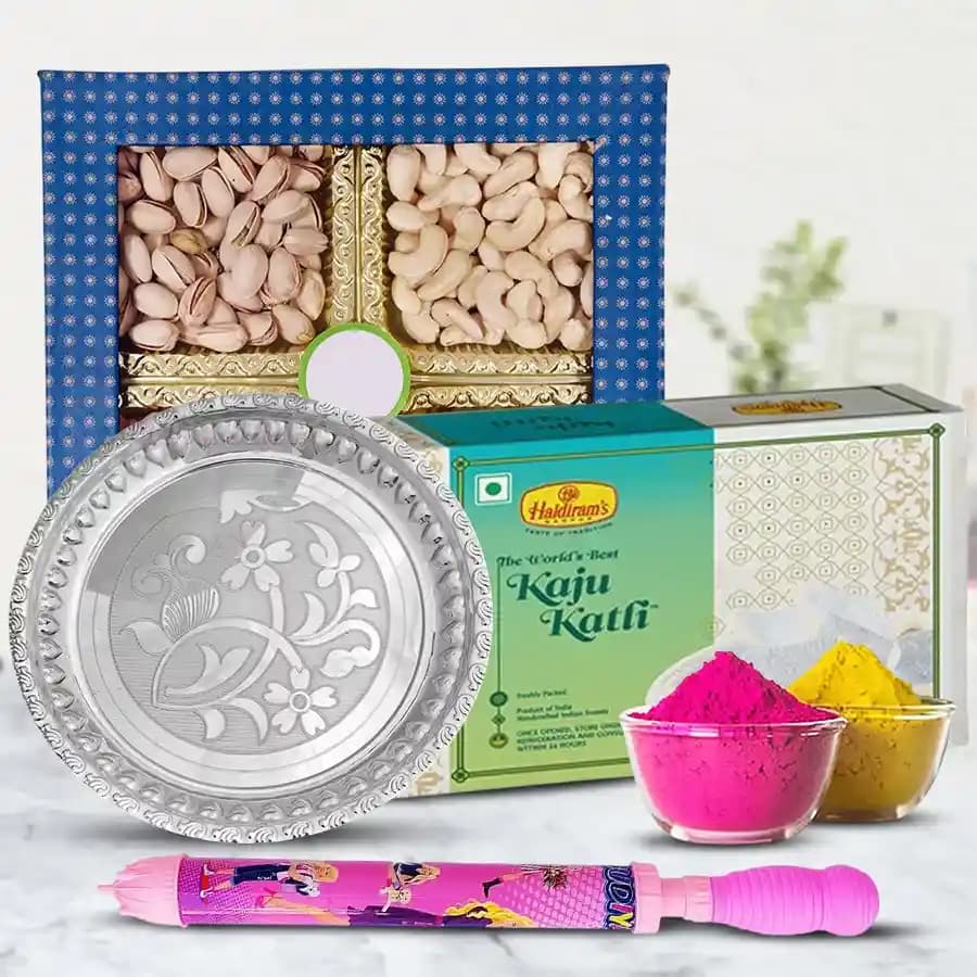 Fabulous Puja Thali with Dry Fruits n Haldirams Kaju Katli for Holi