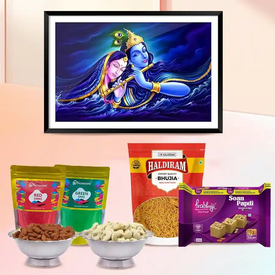 Wonderful Radha Krishna Photo Frame with Assortments Gift Combo