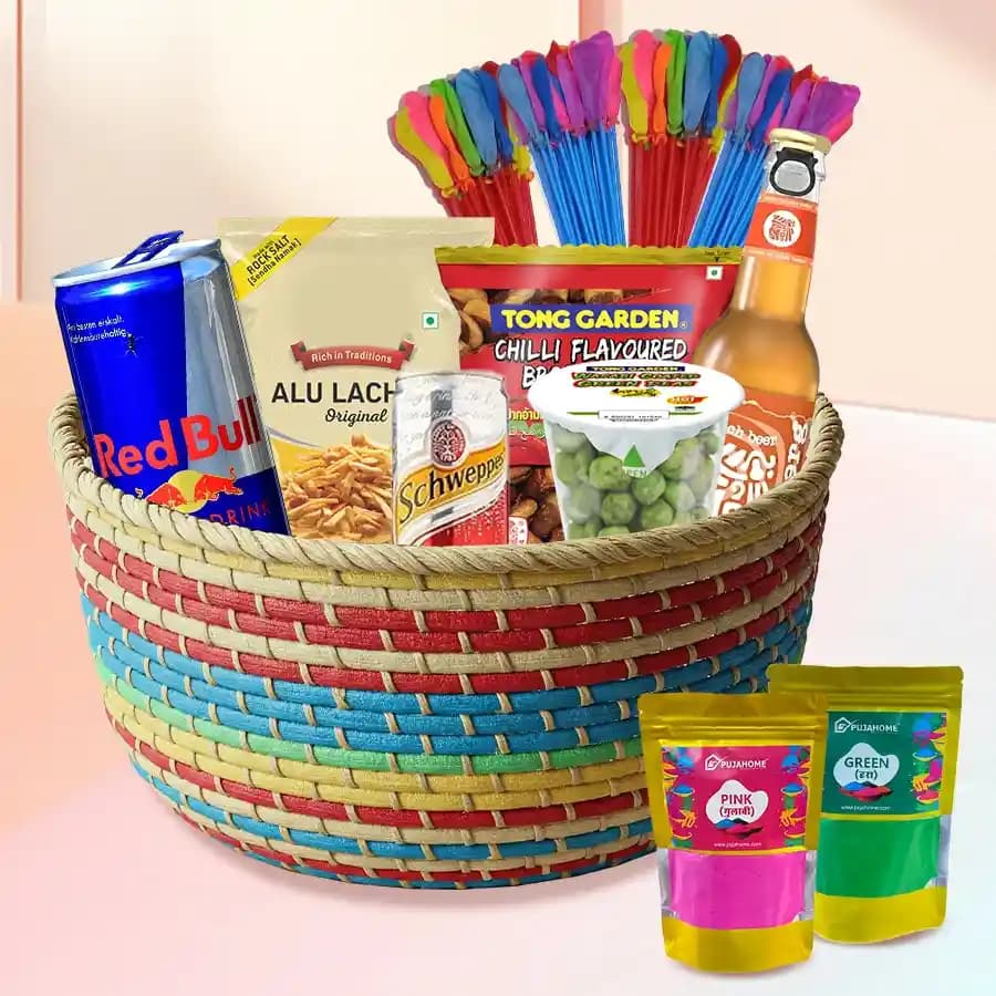 Delightful Holi Gifts Basket of Snacks n Drinks