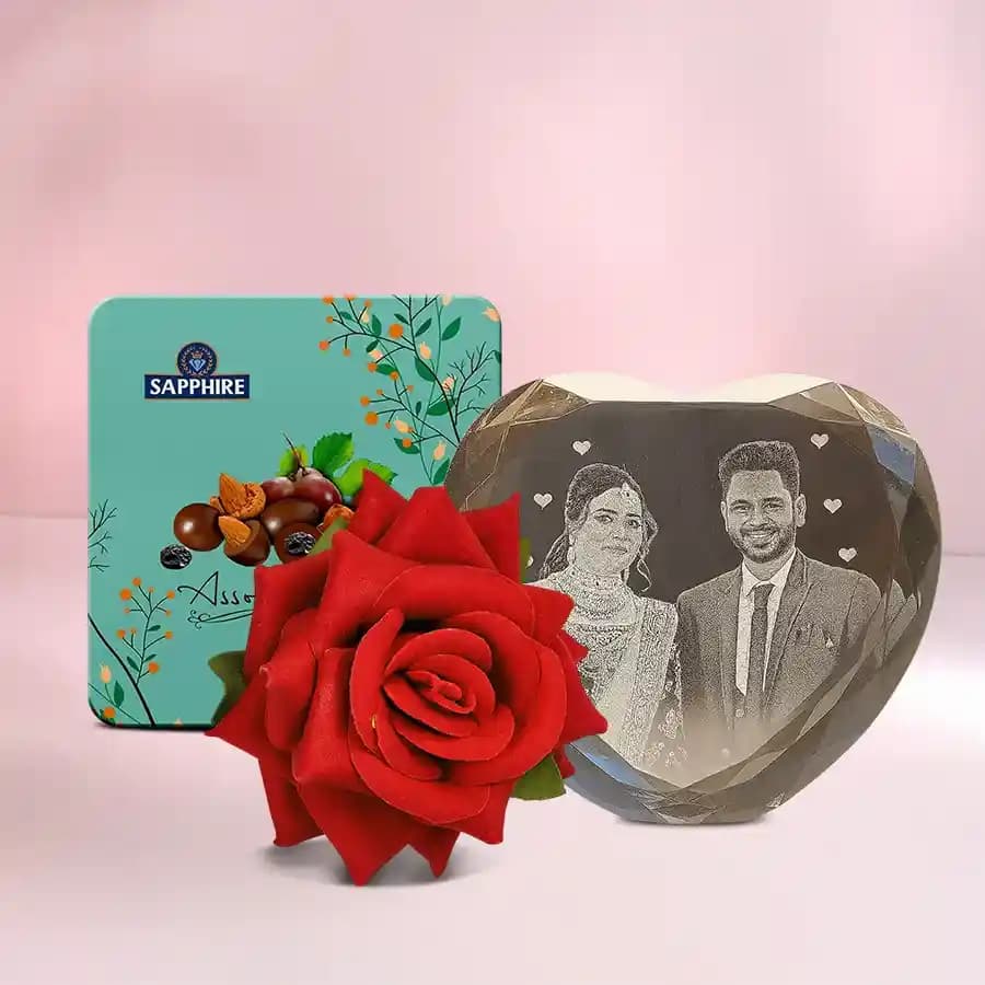 Amazing Personalized Heart Crystal with Sapphire Chocolates n Velvet Red Rose
