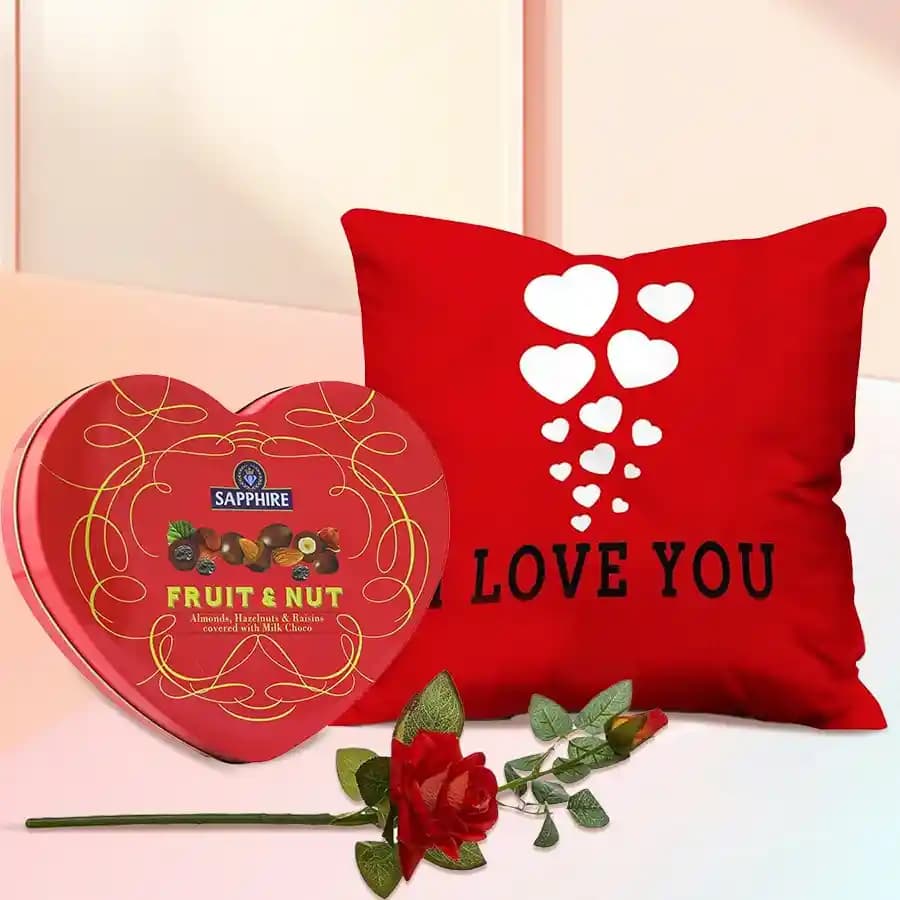 Wonderful Personalized ILU Heart Cushion with Sapphire Heart Chocolate Box n Velvet Rose