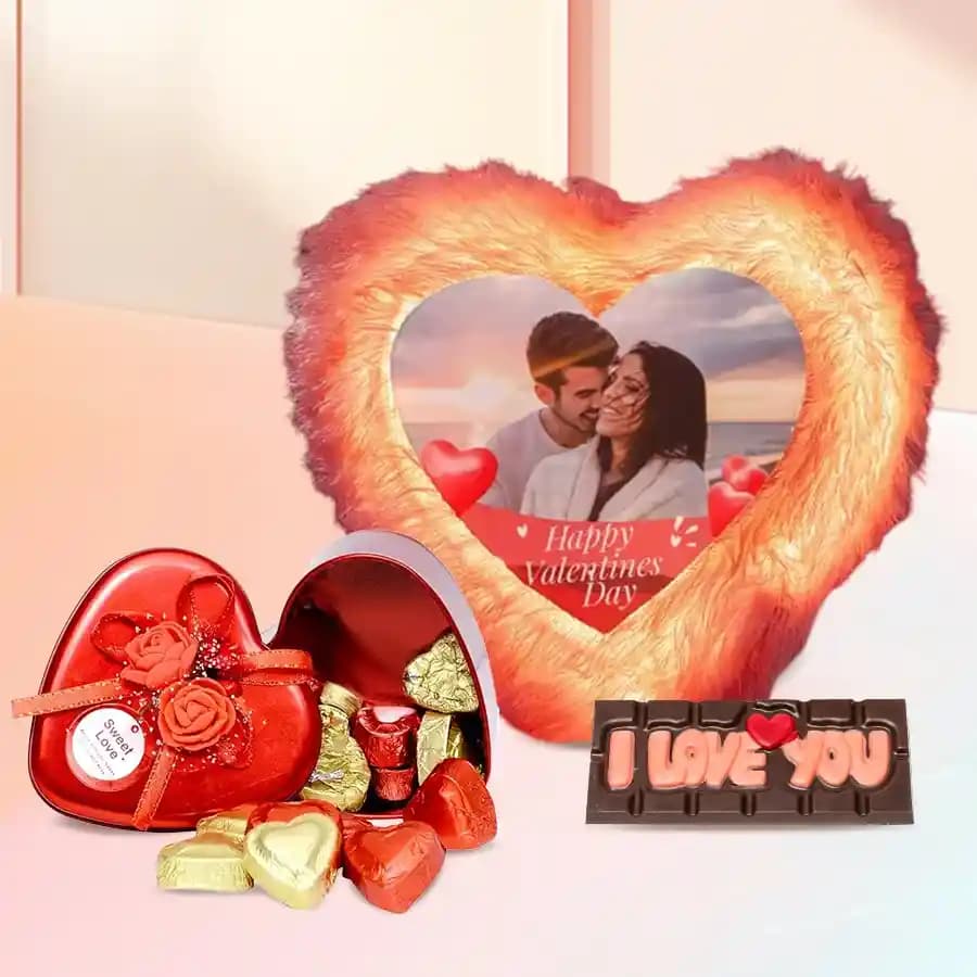 Remarkable Personalized LED Heart Fur Cushion n Chocolates Combo