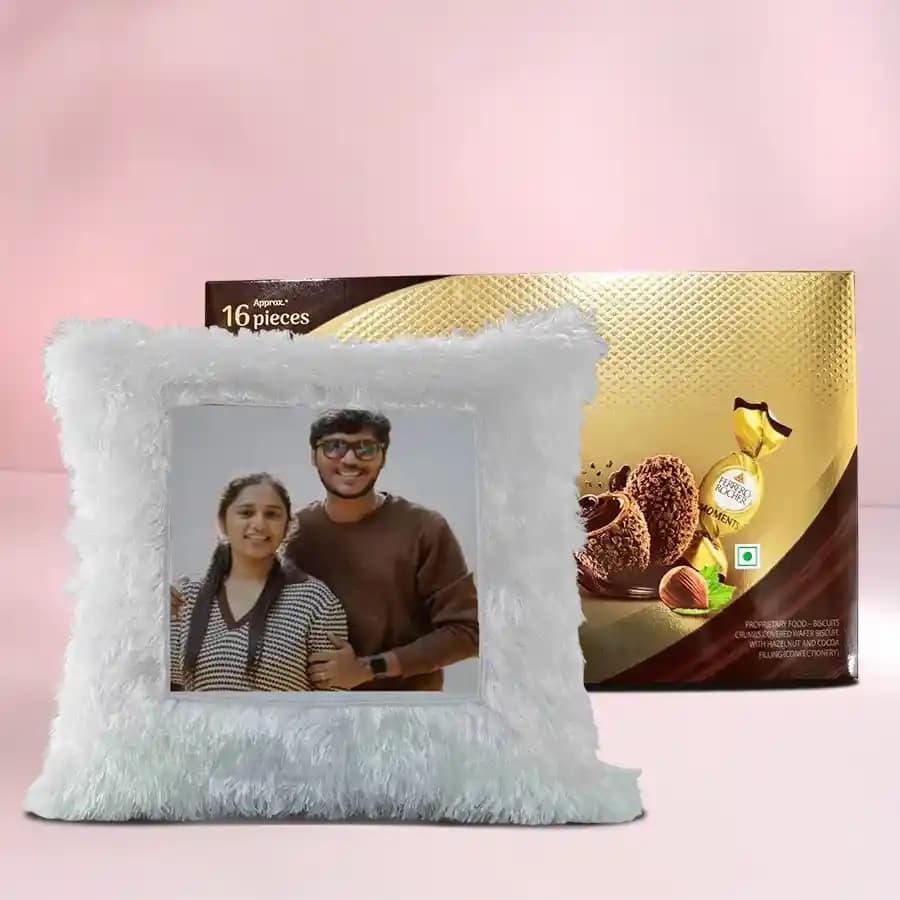 Alluring Personalized LED Heart Fur Cushion n Ferrero Rocher