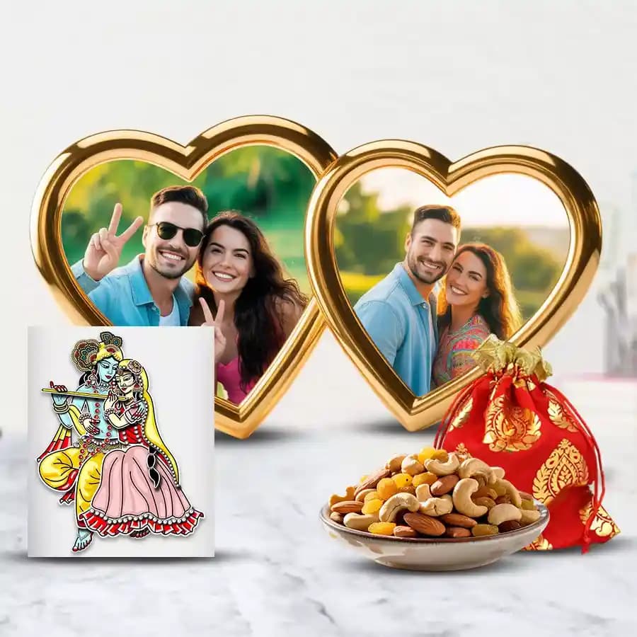 Elegant Personalized Love Frame with Radha Krishna Sticker n Dry Fruits