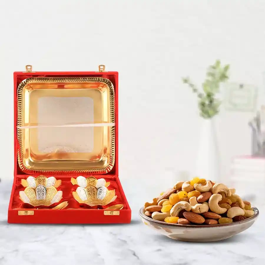 Designer Silver Bowl Set N Assorted Dry Fruits Combo for Mom