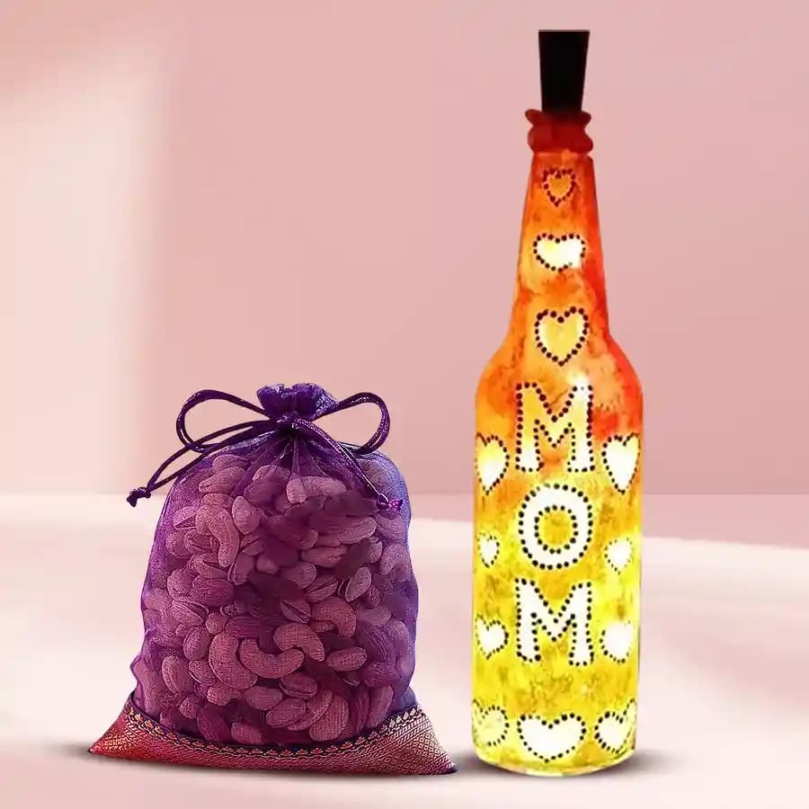 Special Gift of Handcrafted Bottle Lamp N Dry Fruits for Mothers Day