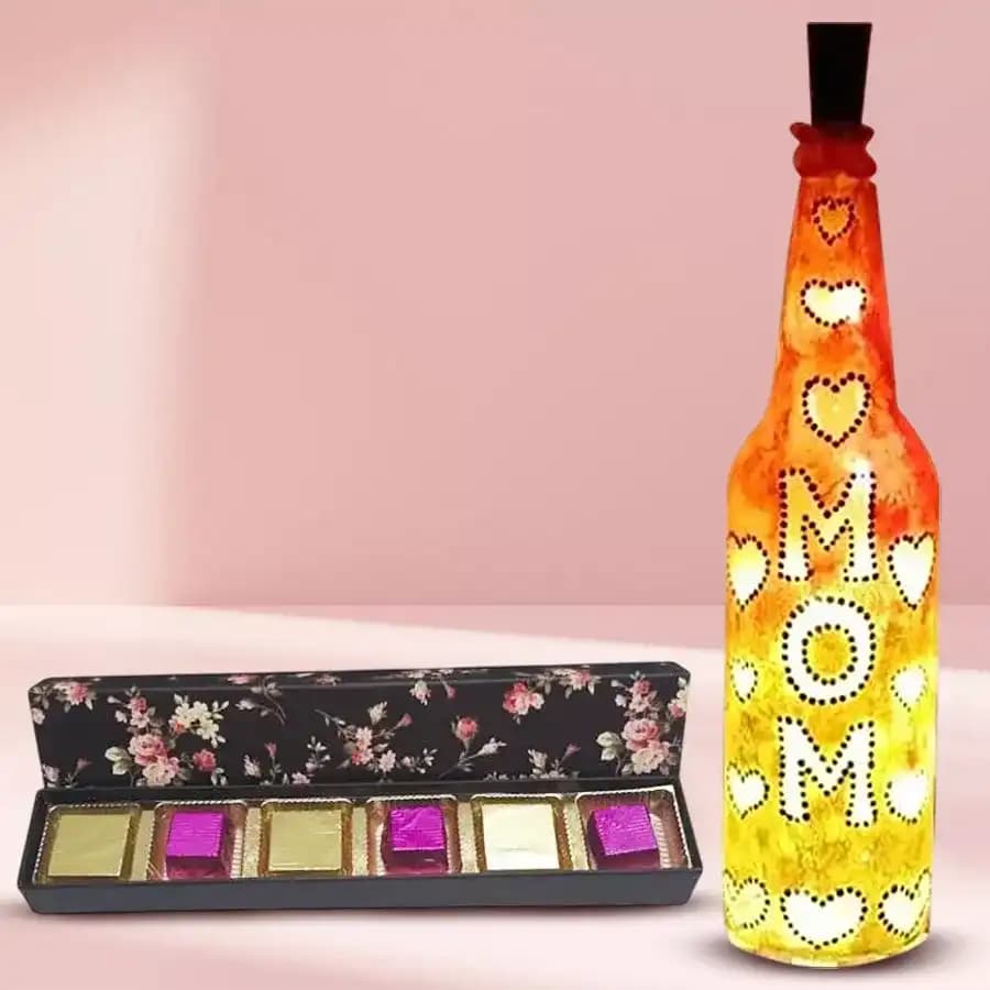 Handcrafted Bottle Lamp with Dried Mango n Strawberry Filled Handmade Chocolates for Mom
