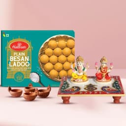Pious Gift of Mata Laxmi Ganesh Marble Chowki N Haldiram Sweets 1