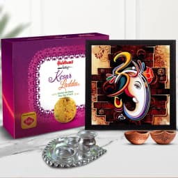 Traditional Pooja Thali with Lord Ganesha UV Frame Painting Sweets n Diya 1