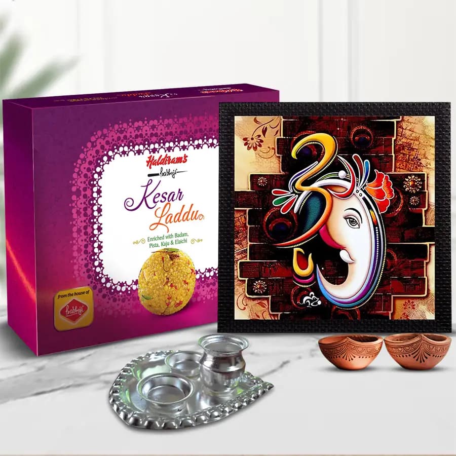 Traditional Pooja Thali with Lord Ganesha UV Frame Painting Sweets n Diya
