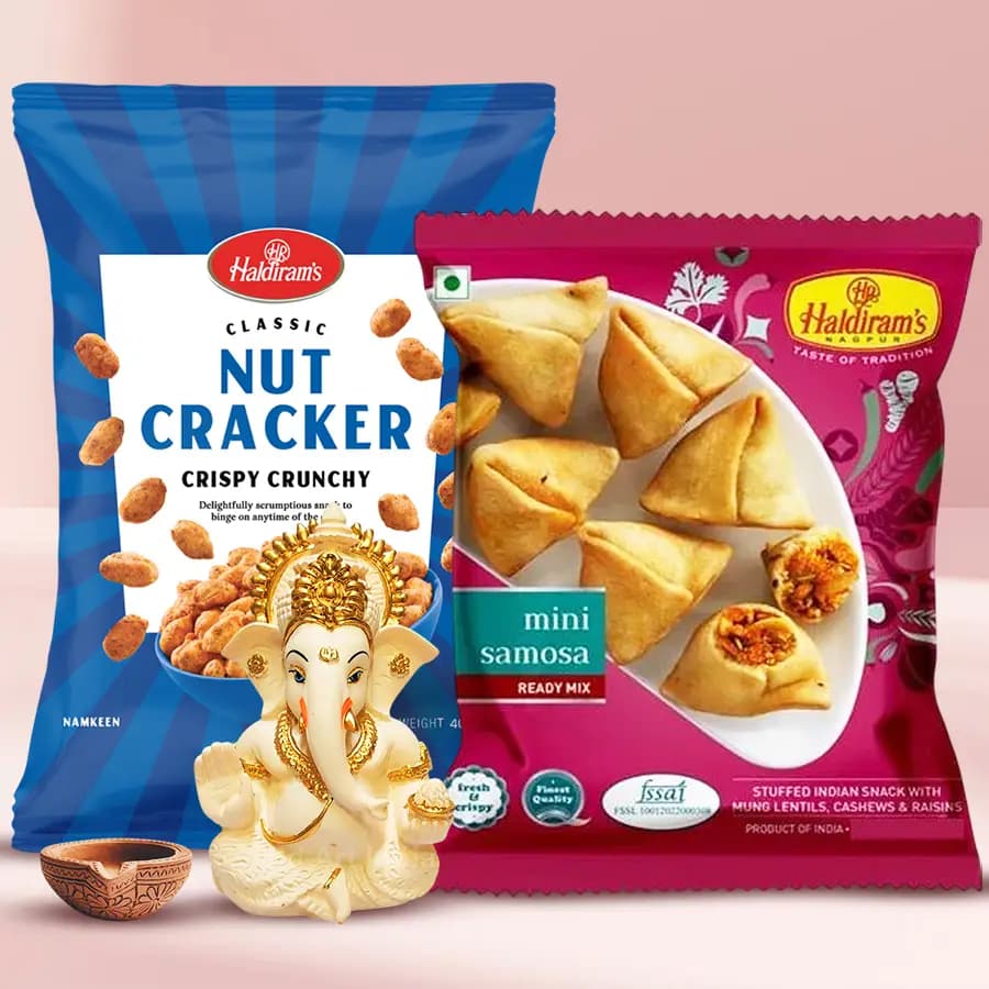Exclusive Car Decor Ceramic Ganesha Idol with Haldiram Snacks n Diya