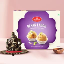 Classy Metallic Pagdi Lord Ganesha on Round Base with Sweets N Free Diya 1