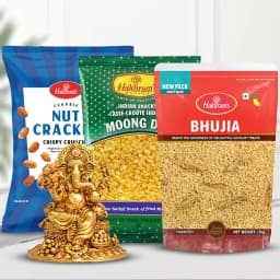Pious Brass Metal Ganesha Dashboard Statue n Haldiram Snacks 1