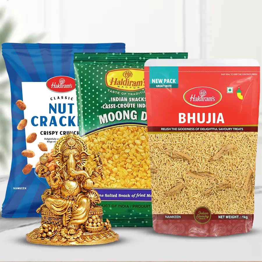 Pious Brass Metal Ganesha Dashboard Statue n Haldiram Snacks
