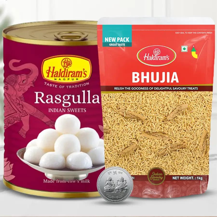 Tasty Haldiram Rasogula n Bhujiya with Ganesh Laxmi Coin