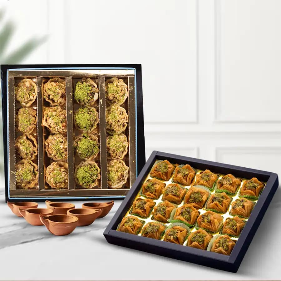 Ideal Diwali Gift of Pyramid n Tart Baklawa Matka Diya