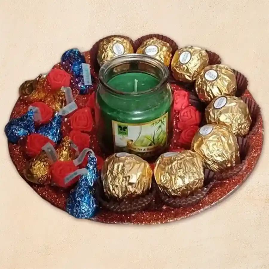 Special Gift Platter of Imported Ferrero Rocher n Herseys Chocolates n Aroma Candle