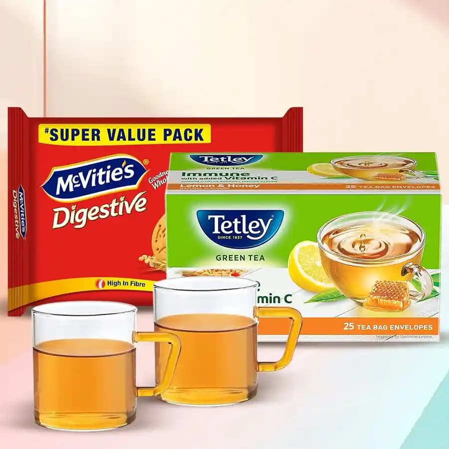 Amazing Green Tea Hamper of Tea Pot Mugs Tea Leaf and Digestive Cookies