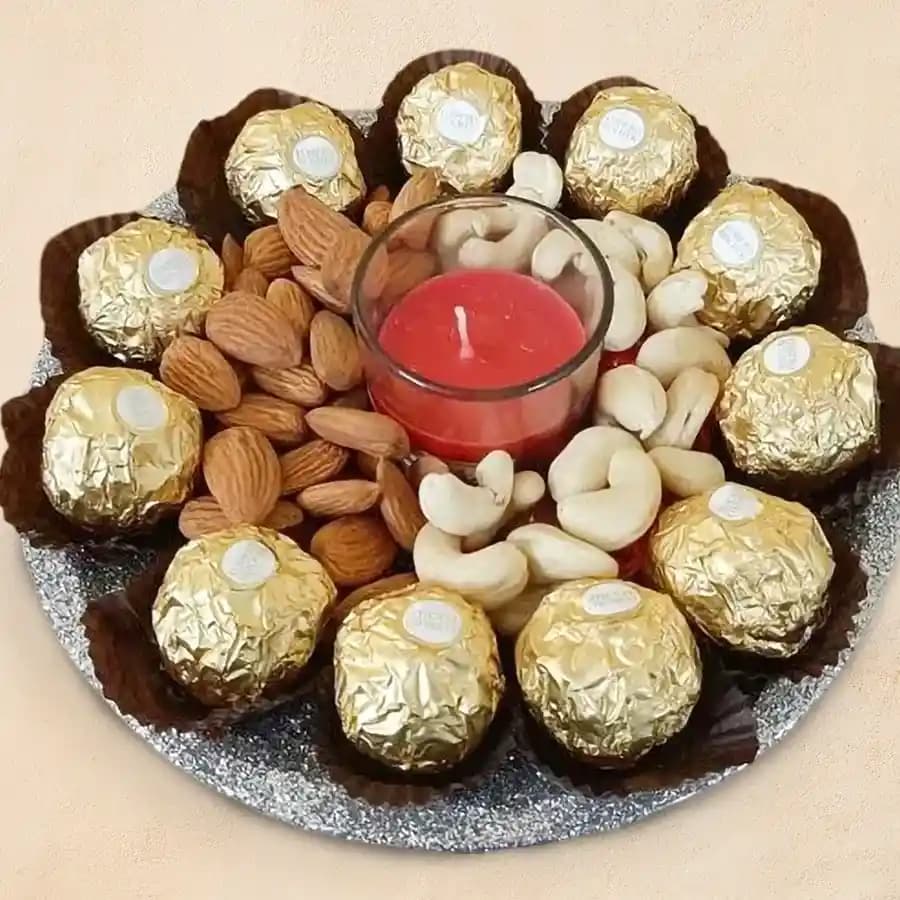 Delightful Rocher Chocolate Gift Basket with Nuts and Scented Candles