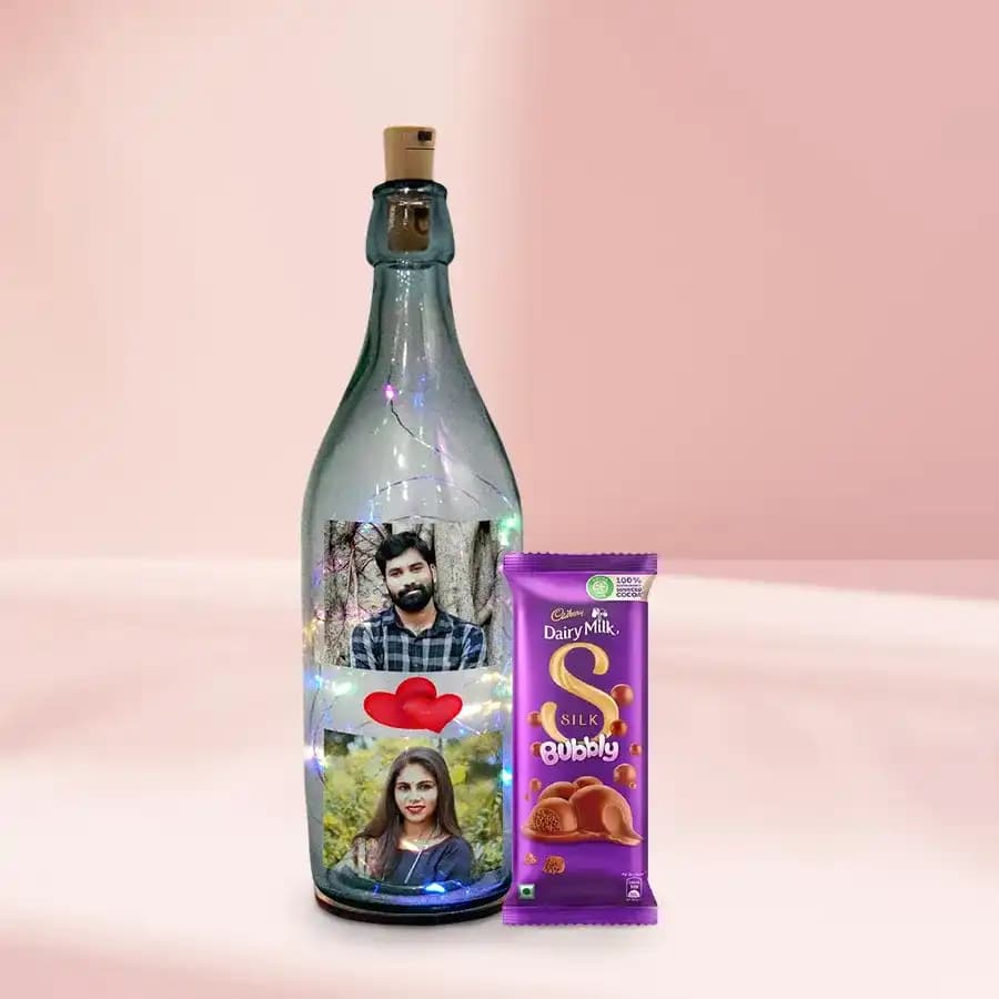Personalized LED Glowing Bottle Lamp n Cadbury Chocolate Gift Combo
