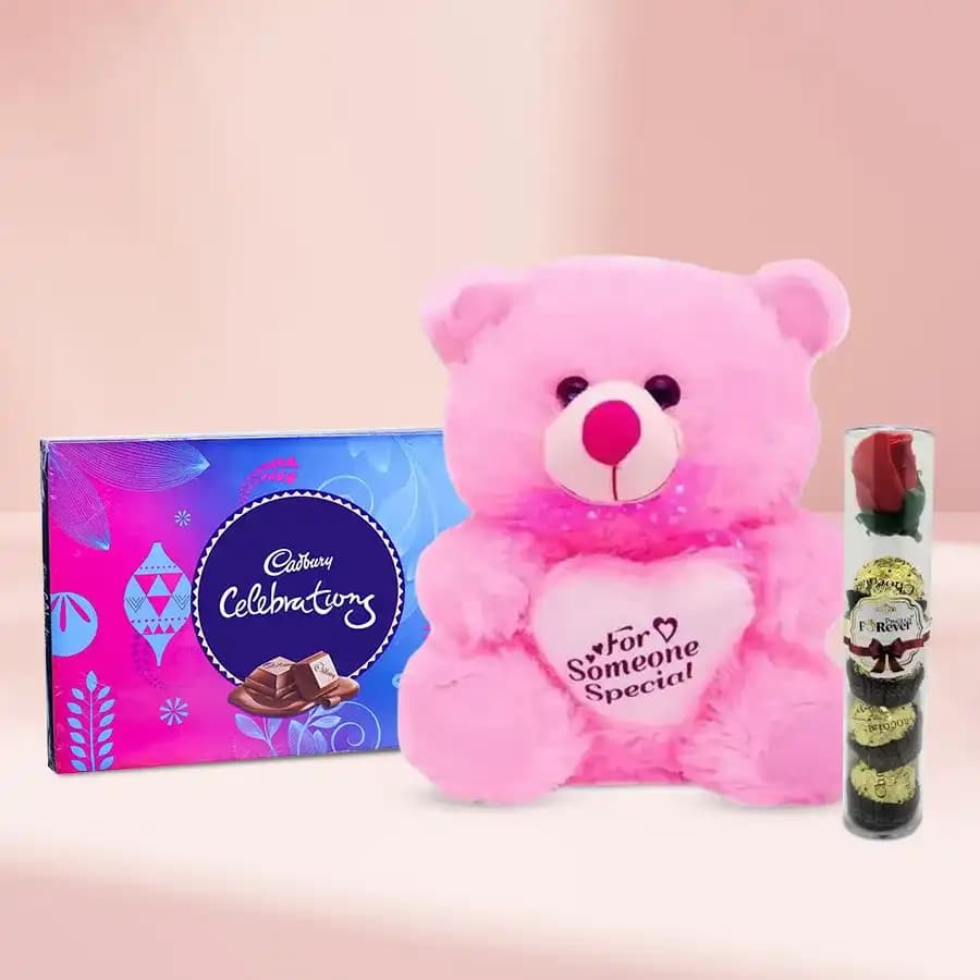 Classy Gift of Soft Teddy Rosy Handmade Chocolate n Cadbury Celebration