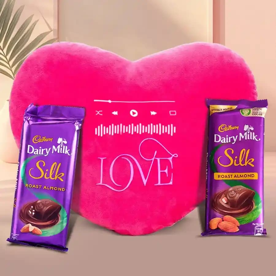 ILU Singing Heart Shape Cushion with Cadbury Silk for Valentine