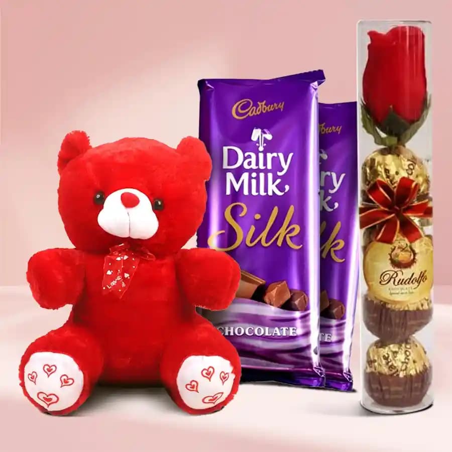 Valentine Combo of Colorful Teddy with Cadbury n Rudolfo Chocolates with Rose