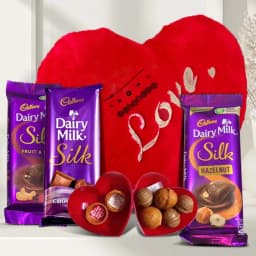 Heart Shape Musical Cushion with Cadbury Silk n Love Message Box for Valentine 1