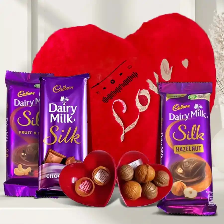 Heart Shape Musical Cushion with Cadbury Silk n Love Message Box for Valentine