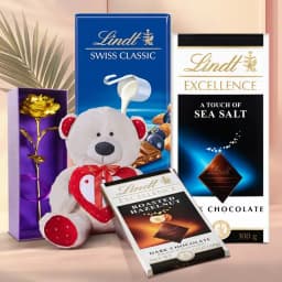 Valentine Gift of Lindt Chocolates with Golden Rose n Colorful Teddy 1