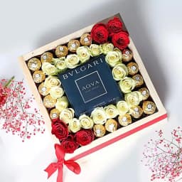 Amazing Valentine Gift Tray of Ferrero Rocher Chocolates Art Roses n BVLGARI Perfume 1
