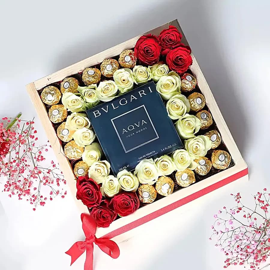 Amazing Valentine Gift Tray of Ferrero Rocher Chocolates Art Roses n BVLGARI Perfume