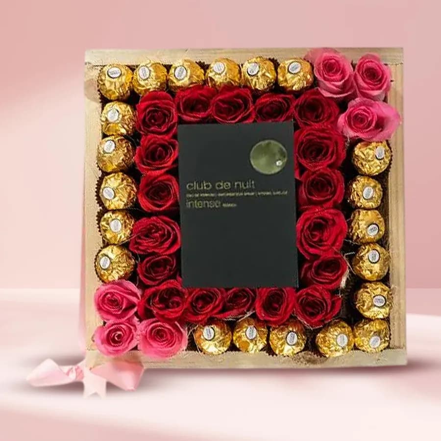 Amazing Valentine Gift of Ferrero Rocher Chocolates Club Nuit Perfume n Roses for Fiancee