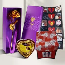 Delightful Personalized Photo Explosion Card with Heart Shape Sapphire Chocolates Box n Golden Rose 1