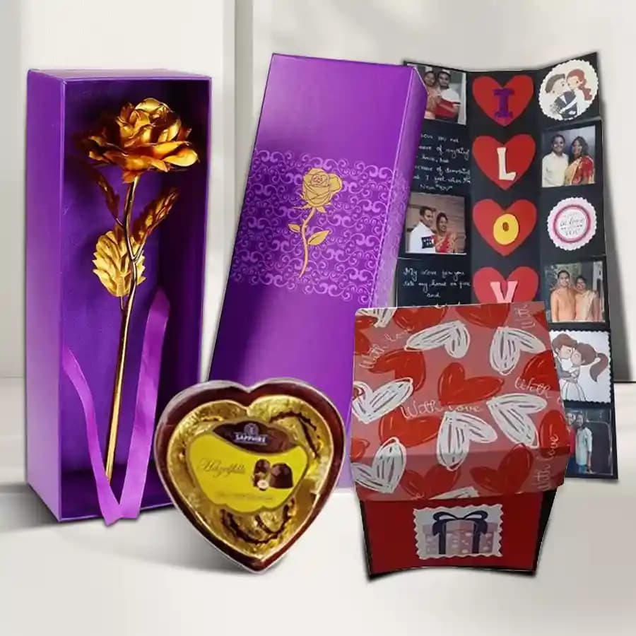 Delightful Personalized Photo Explosion Card with Heart Shape Sapphire Chocolates Box n Golden Rose
