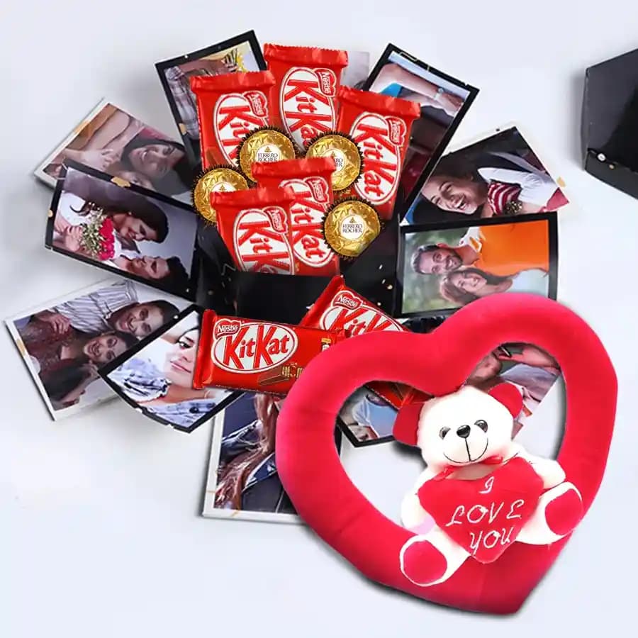 Amazing Personalized Hexagon Explosion Box of Chocolates with a Teddy Heart