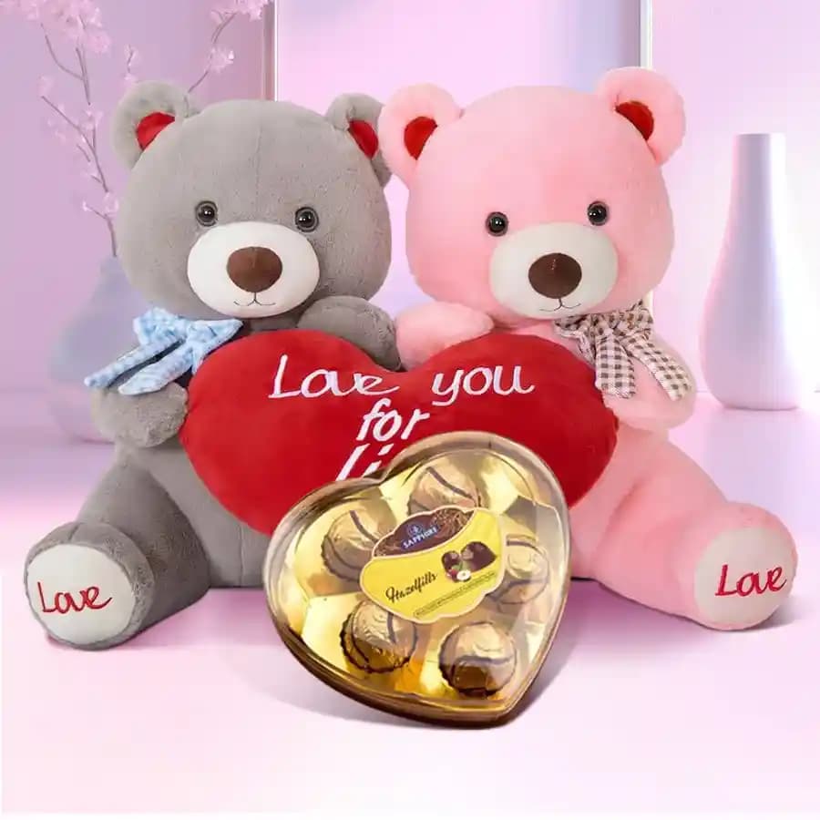 Alluring Twin Combo Teddy with Sapphire Chocolates in Love Box