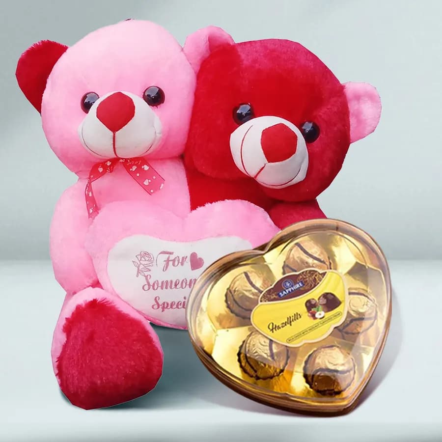Gracefully Celebrate 5 Love Years with 2 Body 1 Heart Teddy n 5pcs Sapphire Heart Chocolates