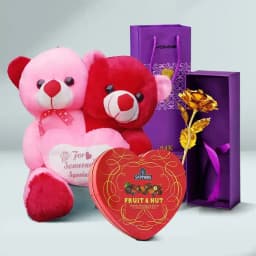 Spectacular Gift of Twin Combo Teddy with Sapphire Chocolates n Golden Rose 1