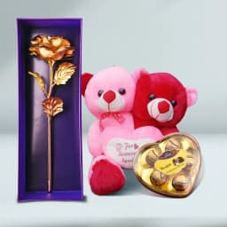 Attractive Twin Body One Heart Teddy with Sapphire Heart Chocolates n Golden Rose 1