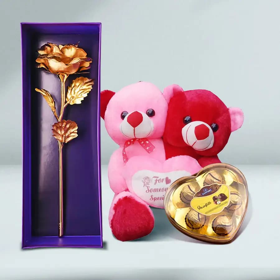 Attractive Twin Body One Heart Teddy with Sapphire Heart Chocolates n Golden Rose