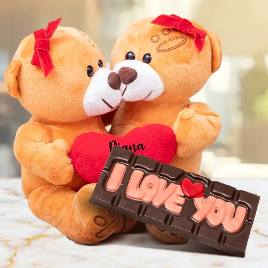 Attractive Two Body One Heart Couple Love Teddy with an I Love You Message Chocolate