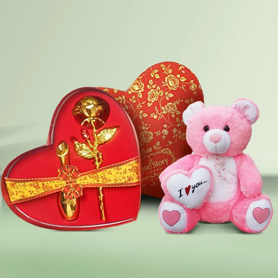 Breathtaking Golden Rose Heart Box and a Teddy Standing on Heart