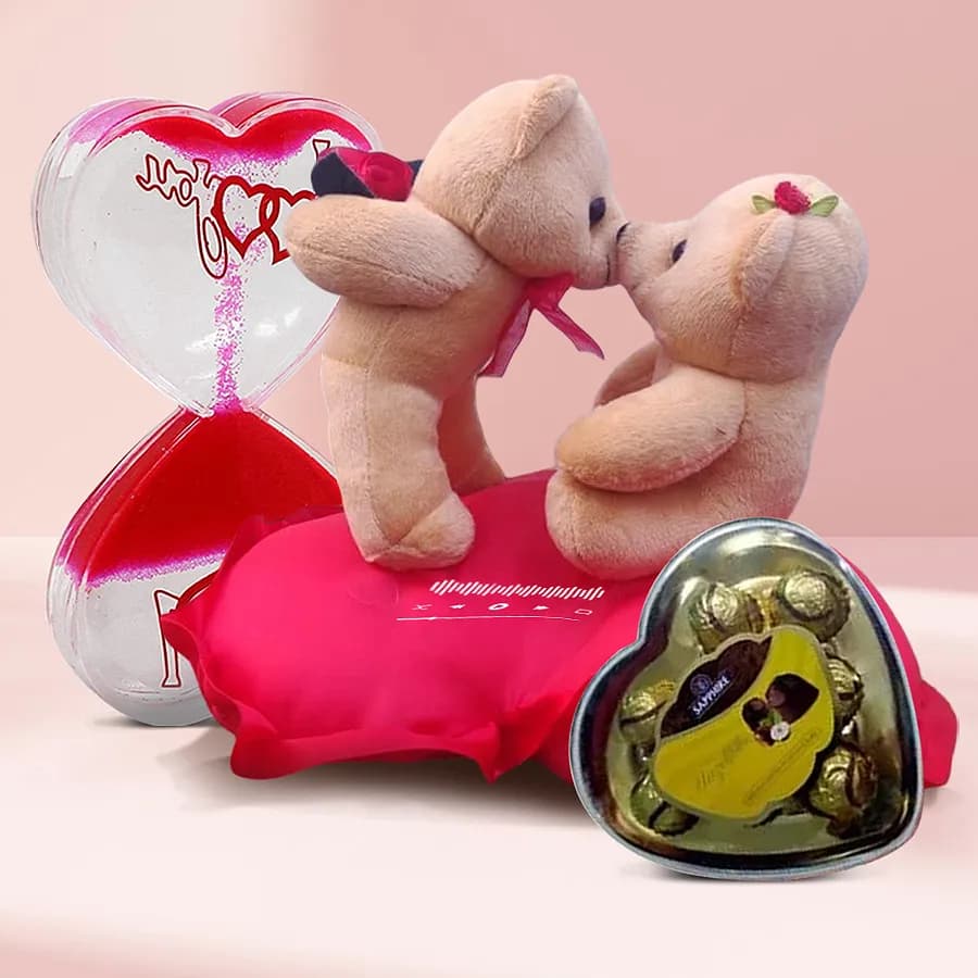 Dazzling Singing n Kissing Teddy with a Love Timer N Sapphire Chocolate Heart Box