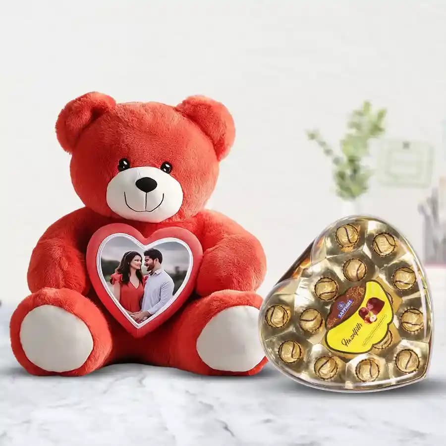 Impressive Personalized Photo Teddy with Sapphire Hazelfills Chocolate Box