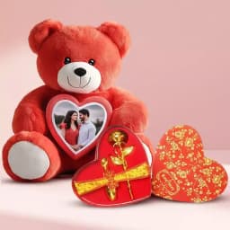 Elegant Personalized Photo Teddy with Golden Rose Heart Shape Box 1