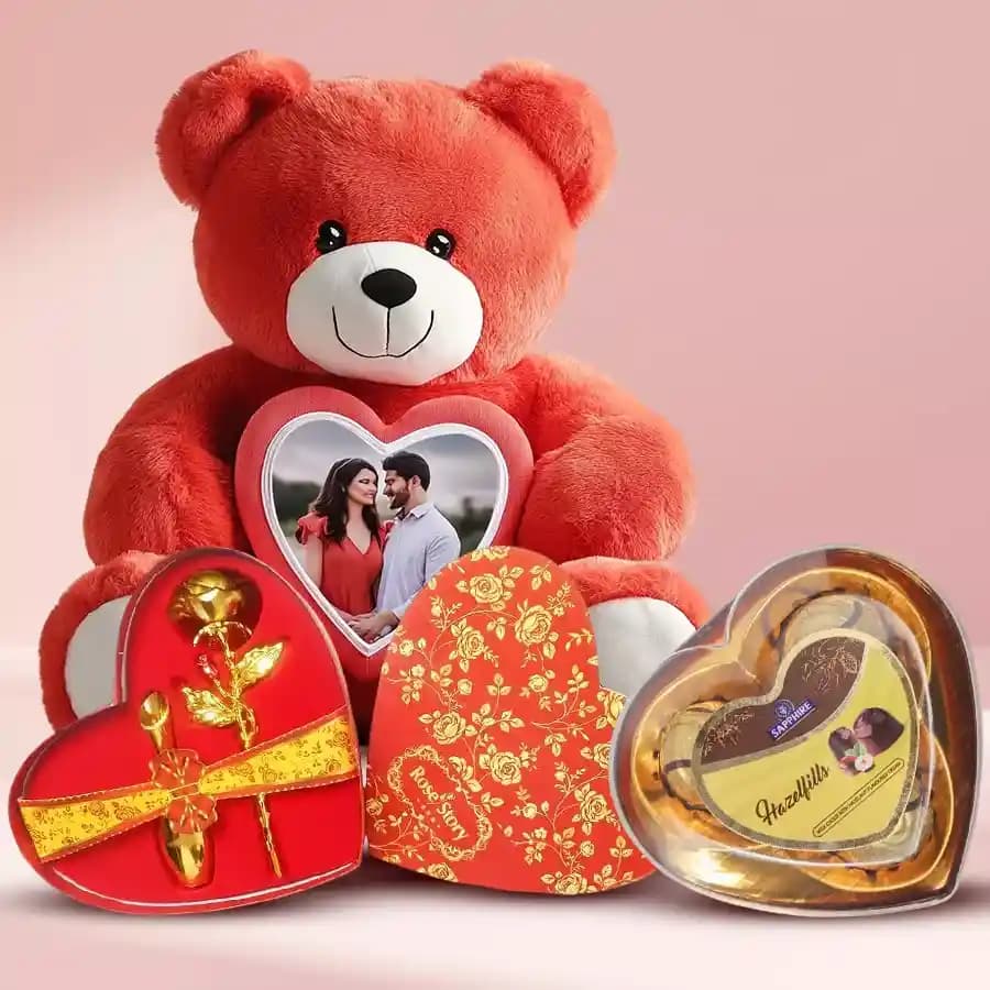 Awesome Personalized Photo Teddy with Golden Rose n Sapphire Hallezfills Chocolates Box